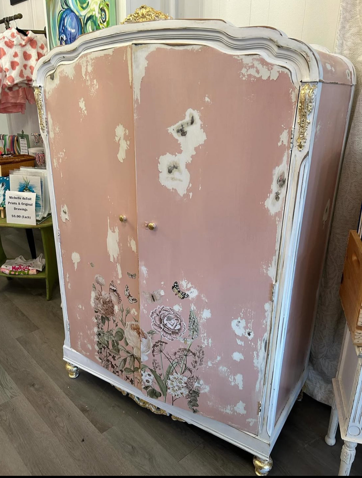 Antique pink dresser with flower decals & goldleaf