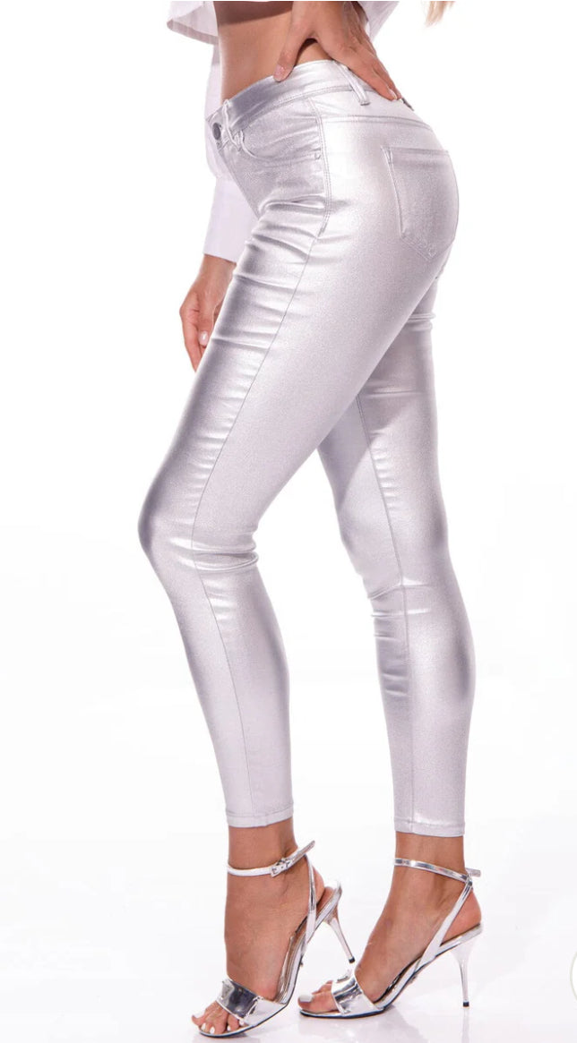 Metallic skinny leg pants