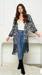 WOMEN'S 3/4 SLEEVE OPEN FRONT FRINGE FLORAL KIMONO