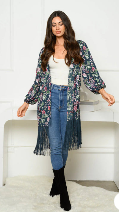 WOMEN'S 3/4 SLEEVE OPEN FRONT FRINGE FLORAL KIMONO
