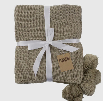 Khaki chunky knit Pom Pom 50 x 60 throw blanket