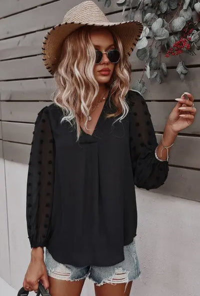 Solid V neck black sheer blouse